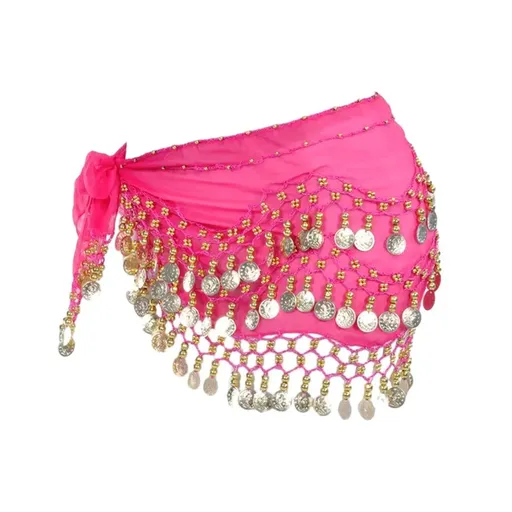 1X 3Rows Belly Dance Dancing Hip Scarf Belt Chain Skirt Golden Tone 98 Coin Bead - Rose Red