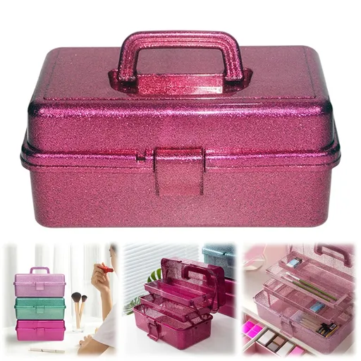 Glitter 3‑Layer Craft Storage Box, Multipurpose Art & Craft Tackle Container for Home Organisation, Red, 33 x 14.5 x 19.5 cm