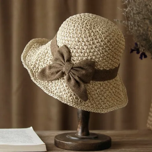 Beige Hand-Woven Paper Straw Sun Hat with Elegant Bow Knot (Medium Brim Style) - Women's Foldable Wide Brim Dome Beach Bucket Hat