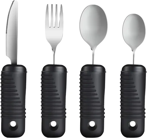 YPC Adaptive Utensils,Easy Grip Silverware,Built Up Bendable Fork,Teaspoon,Tablespoon and Knife for Tremors,Adults,Elderly,Arthritis and Parkinsons,4 Piece Set