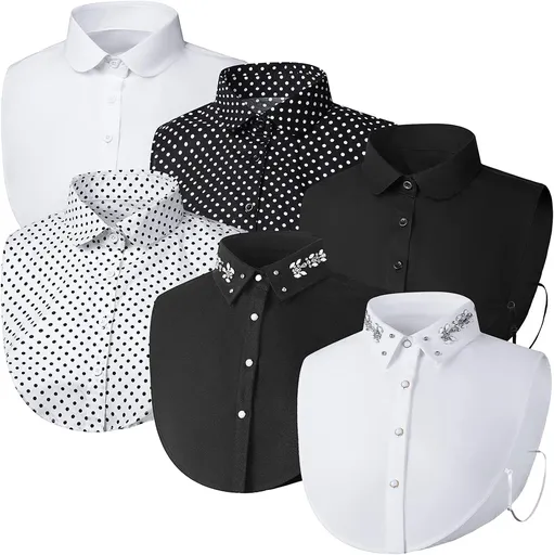 Women's Fake Collar Detachable Dickey Collar Faux False Polka Dots Half Shirts Blouse for Women Girls (Black White with Rhinestone, 6 Pieces)