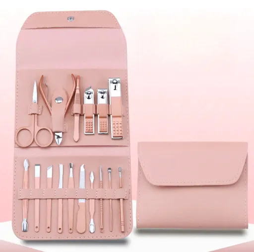 16-Piece Stainless Steel Manicure and Pedicure Set, Home Nail Clippers and Cuticle Tools Kit for Hand, Foot, and Facial Care—Pink