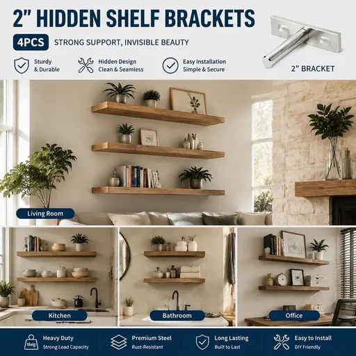 4" Nickel Hidden T Shelf Bracket 4Pcs w/ 5x60&5x80 Screws