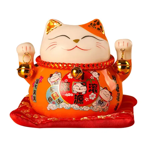 Lucky Cat Coin Bank Exquisite Ceramic 4.5in Orange