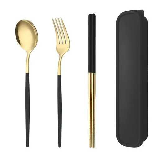 5PC Stainless Steel Portable Cutlery Set - Fork Spoon for Travel & Picnic - Black