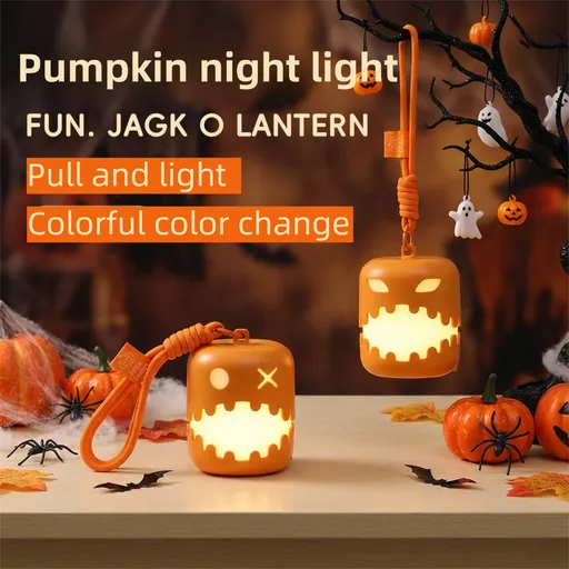 3PCS Dual-Sided Halloween Pumpkin Fun Lantern - Rechargeable Pull Cord LED Night Light with 7-Color Flash and Warm White Modes
