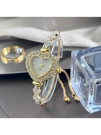 1pc Women s Gradient Gold Alloy Bracelet Watch Fashion Heart Shaped Case Arabic Numeral Dial Adjustable Drawstring Daily Decoration Ideal Valentine s Day Gift