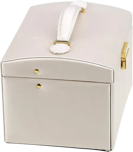Three-Layer Jewelry Organizer Box with PU Handle, Lockable Display Case for Earrings, Necklaces, Rings – White