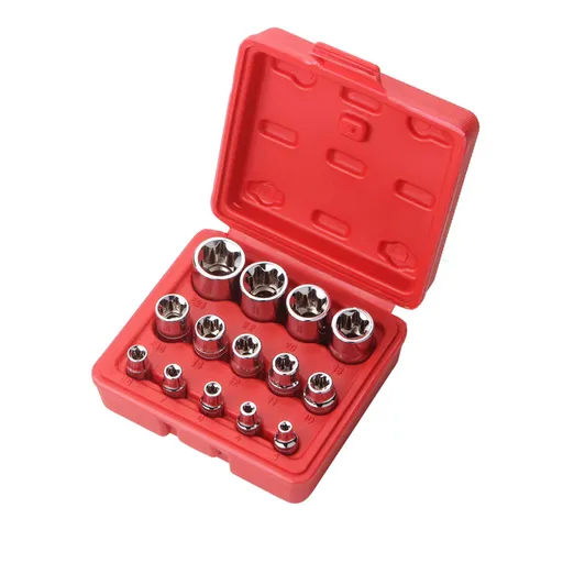 14-Piece Set E-Type 6-Flower Socket Head , 1x14-Piece Set E-Type 6-Flower Socket Head 14 Pieces Female E Torx Star Socket Set with Rail Female External Star Socket Set E4 E24 Torque Socket Set One Size Red