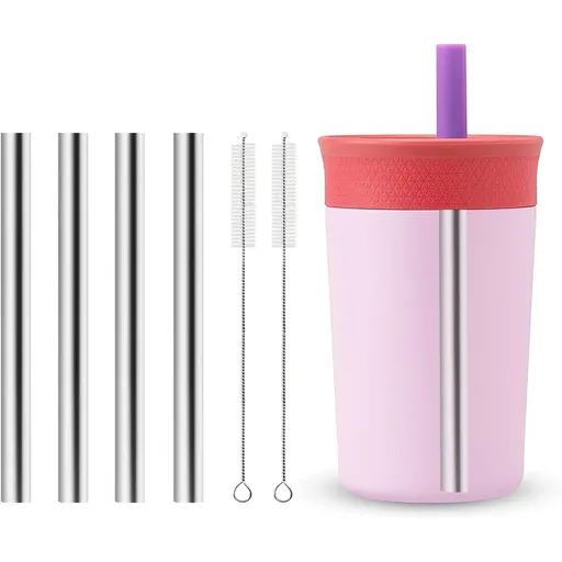 4 Pcs Metal Straws Compatible With Owala Kids Tumbler Cup, Stainless Steel Reusable Straws With 2 Cleaning Brushes, 12 oz and 15 oz