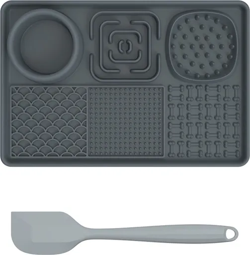 Lick Plate - Lick Mats for Dogs - Dog Snuffle Mat - Lick Mat - Feeding Mat - Slow Feeder - Anti-Gulp - Distraction Pad - For Dog Bathing, Training, Coat Care and Claw Care - With 1 Spatula - Grey - 1 Piece