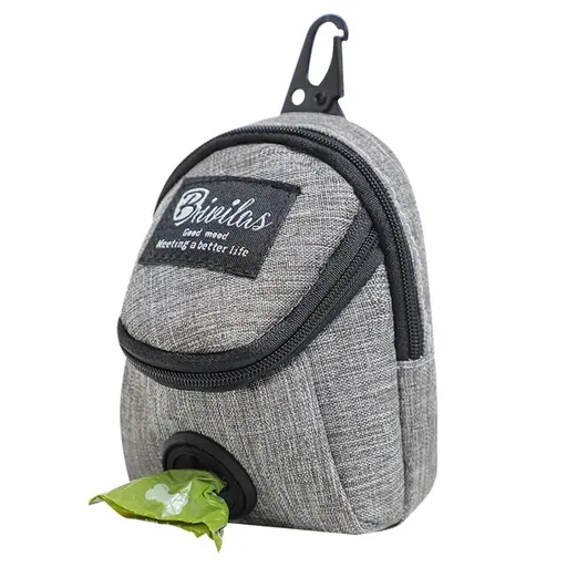 Compact mini backpack dog waste bag holder keeps your hands free during walks and training. Clips to leash or harness, stores rolls of bags plus small treats. Say goodbye to messy pockets. (Grey)