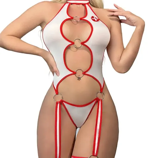 House Of Dasein Sexy Hollow Out Backless One Piece Suit With Neck Hanging Strap And Nurse Temptation For Overseas - White - S