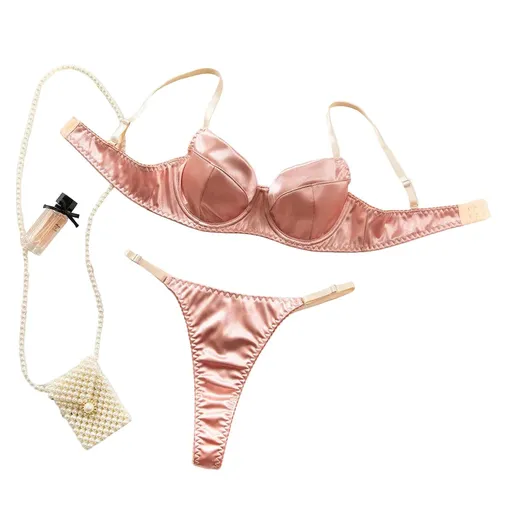 House Of Dasein Sexy Satin Lingerie Set For Women Thin And Comfortable With Gathering Supportive Design Prevents Sagging French Style Bra - Champagne - S