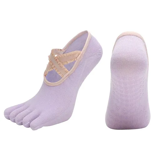 Women's Lace Trim Five Toe Yoga Socks Non Slip Grip Socks Pilates Dance Ballet Fitness Exercise Socks - Purple