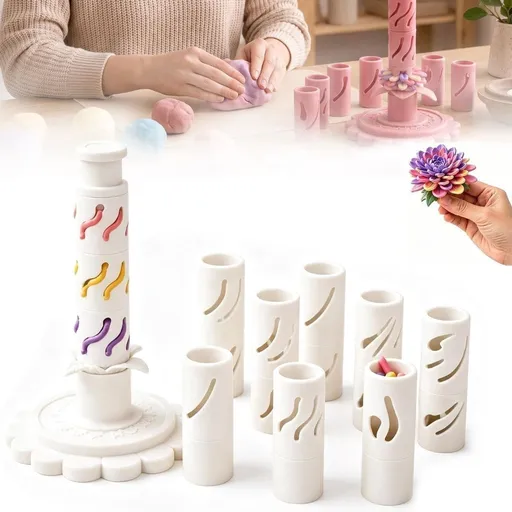 With 24 colors of modeling clay 3D Promted Flower Modular Clay Bloom Maker with 9 Shaping Sleeves Reusable Press Mold,Effortlessly make unique layered clay flowers for beginners and DIY lovers - White