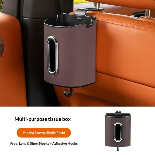 Brown Multifunctional Car Seat Back Tissue Box - ABS and Faux Leather - Phone Holder, Cup Holder, Storage Bin, Universal Fit for Most Vehicles