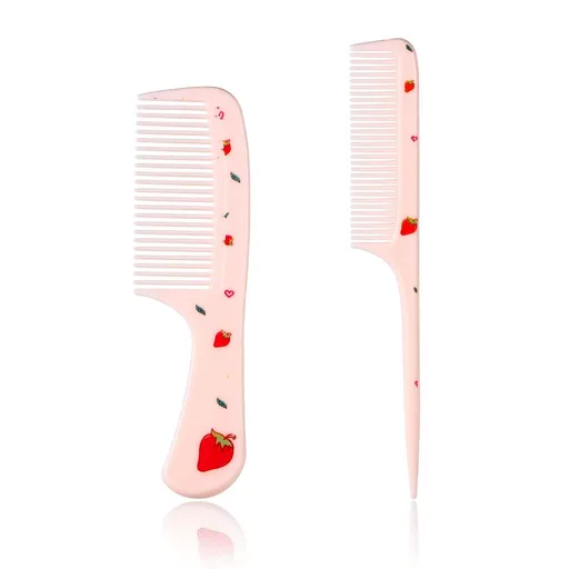 2pcs Cute Hair Comb Set, Pink Strawberry Baby Comb Fine Tooth Comb & Rat Tail Comb Toddler Tiny Hair Comb Small Girls Comb Plastic Mini Kids Comb Hair Parting Comb for Women Girls Kids All Hair Types