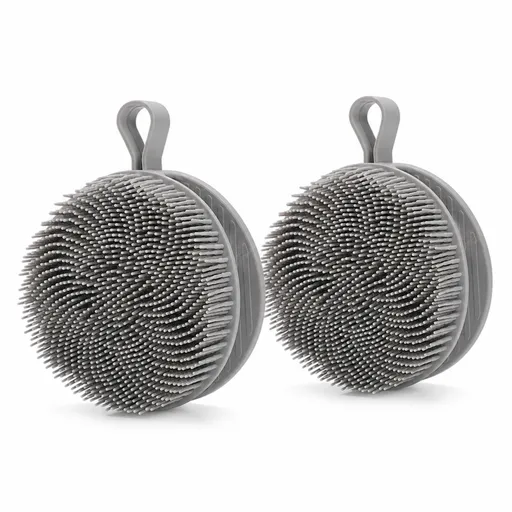 2 Pcs Grey Double-Sided Silicone Body Scrubber - Dual-Texture Bath Brush for Exfoliating, Lathering & Scalp Massage, Anti-slip strip & Hanging Loop