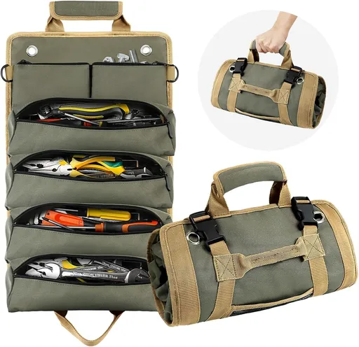 Tool Roll Bag, Small Roll Up Tool Bag with Detachable Pouches, Heavy Duty Roll Up Tool Bag Organizer, Tool Storage Kit for Mechanic & Electrician, Gifts for Men (Green)