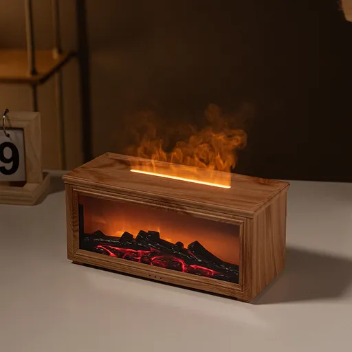 Fireplace Flame Effect Aroma Diffuser & Humidifier with 7-Colour Light, Timer & Remote Control(Light Wood Grain)
