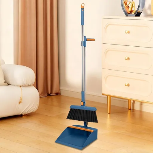 Broom and Dustpan Set Indoor Rotatable Standing Storage with Scraping Teeth and Scraper - Self-Cleaning Broom for Home Kitchen Hardwood Floor Cleaning, No Bending, 37.8 Inch Long Handle