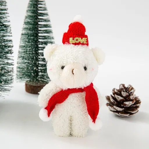 White Curly Christmas Bear with LOVE Red Dome Hat and Red Scarf, Special Desktop Figurine for Household Xmas Layout and Personalized Xmas Gifts