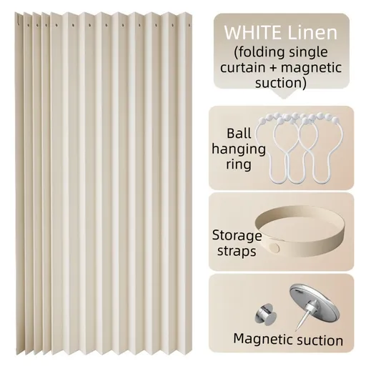 150 X 180 CM White Linen-Look Dust Drill-Free Pull-Curtain - Folding Doorless Closet Divider with Magnetic Closure & Hanging Rings