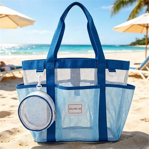Multi-Pocket Mesh Beach Swim Bag, Dry/Wet Separation, Large Capacity Gym Tote with Bonus Mini Round Mesh Pouch - Blue