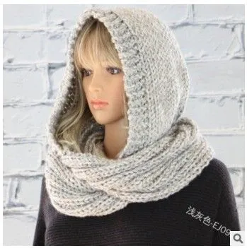 Women Winter Hooded Knit Scarf - Warm Solid Color Cape Scarf Wrap with Hood - Soft Acrylic Winter Neck Warmer for Cold Weather - Gray