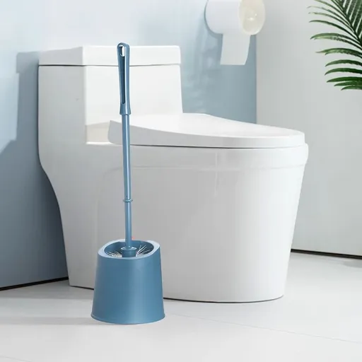 Toilet Brush and Holder Long Handle Soft Fur Bathroom Cleaning Tool Wall Mounted Plastic Set Blue Pink
