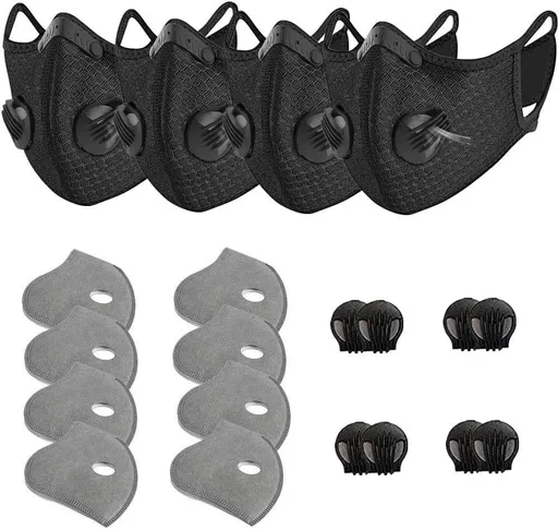 4 Pack Unisex Adjustable Reusable Washable Dust Protect Mouth Cover with 8Carbon Filters and 8 Breathing Valves for Bicycle Running Riding Cycling Outdoor Sport Black