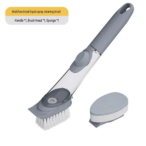 Grey Long Handle Liquid Dispensing Dish Brush（1 brush head+1 sponge brush head） - TPR and PP Construction - Press Button Soap Release, Non Slip Grip, Kitchen Pot Pan Sink Cleaning Tool