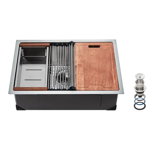 30 inch Kitchen Sink Workstation, 304 Stainless Steel Undermount Sink, Drop-In Single Bowl Farmhouse Basin with Ledge & Multiple Accessories, Household Dishwasher Sinks for RV, Prep Kitchen, Bar
