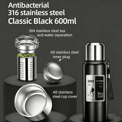 Antibacterial 316 Stainless Steel Vacuum Flask 600ml | Tea Infuser & Insulated Bottle for Hot/Cold Drinks (Black)