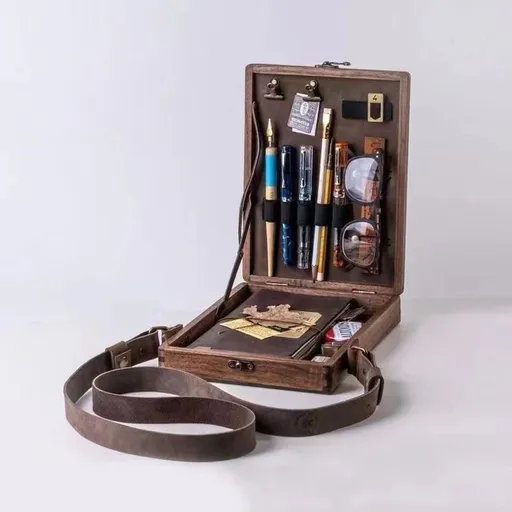 Vintage Wooden Writer Storage Box with Shoulder Strap, Portable Stationery Case, Travel Artist Sketch Box, Pen Notebook Organiser Gift Box