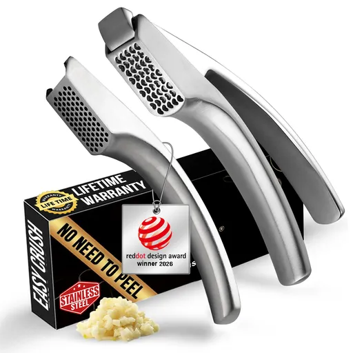Gourmet Easy Garlic Press No Need to Peel, Stainless Steel Garlic Mincer, Garlic Crusher (Fine & Coarse Mincing)