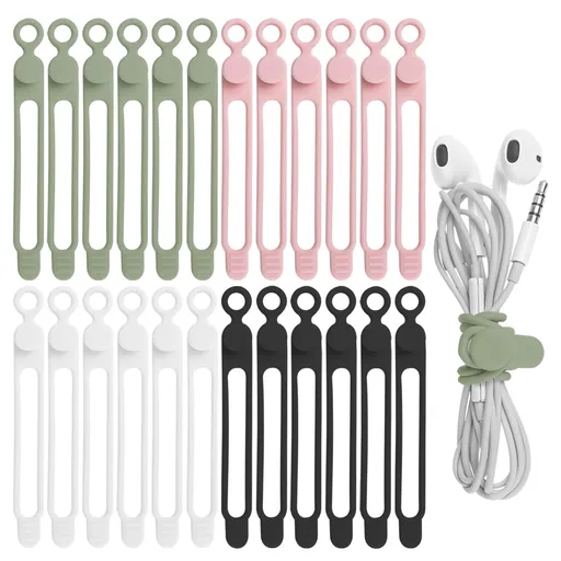 24Pcs Silicone Cable Straps Cord Organizer for Bundling Earphone, Phone Charger, Computer Cords, Reusable Cable (4 Colors)