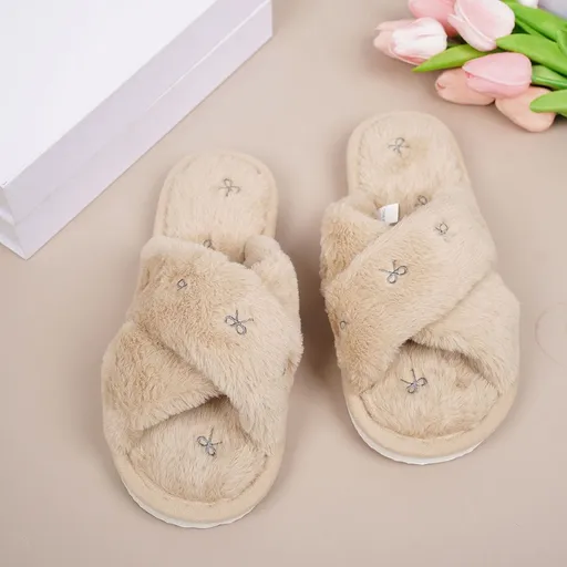 Cozy Cross-Band Plush Slippers with Embroidered Bow, Non-Slip Indoor & Outdoor Wear for Women, Soft Fleece Lining for Warmth and Comfort (S(36-37), LightBrown)