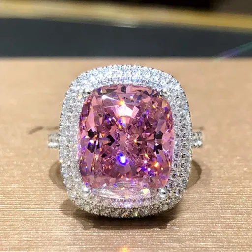 Plated Princess Cut Pink Ring with AAA White Cubic Zirconia Full Diamond Ring CZ Eternity Engagement Wedding Band Ring Size (7)