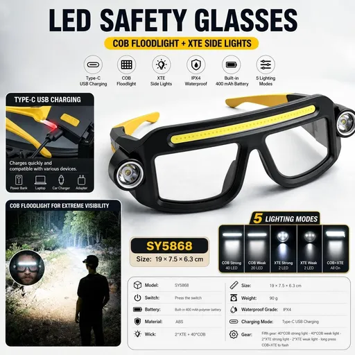 LED Glasses Light Rechargeable USB-C - Yellow Hands-Free COB and Dual XTE Headlamp, Lightweight IPX4 Wearable Work Light for Camping, Hiking, Repairs and Night Fishing