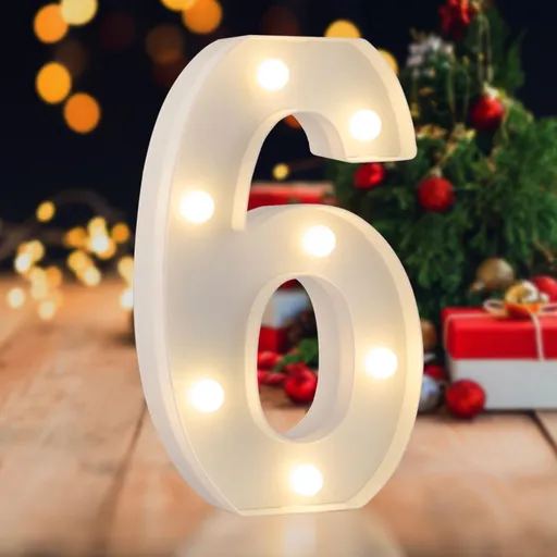 Sign Digit 6, warm white, 26 letters, 10 numbers, heart and & symbol; for birthday, party, Christmas, home, bar, wedding decoration; DIY word combinations; wall & tabletop display; battery operated.
