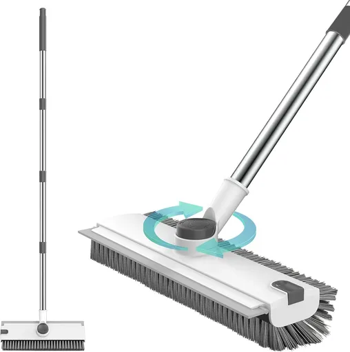 3-in-1 Floor Scrub Brush with Adjustable 137 cm Handle, Stiff Bristles and Built-In Scraper for Bathroom, Kitchen and Patio, Grey and White