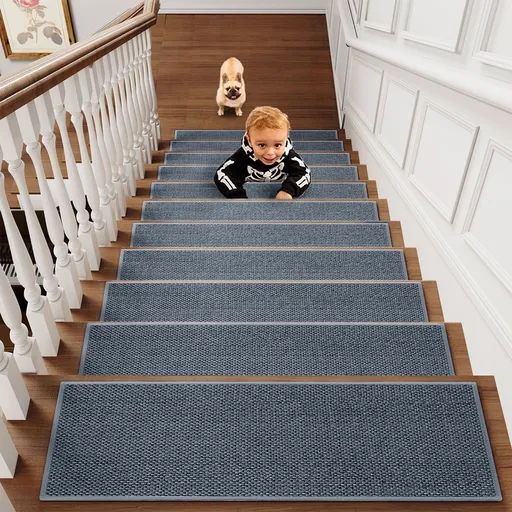 4-Piece Non-Slip Stair Treads, Self-Adhesive Striped Carpet Mats, Absorbent & Quiet Step Pads, Can Be Cut to Fit, Washable for Indoor Staircase Safety\u200b\u200b Gray 1