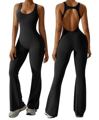 Women's Backless Flared Jumpsuit for Yoga, Gym, Parties & Daily Wear, M (Black)