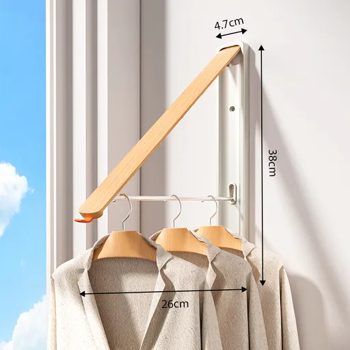 1 Pack White and Brown Wall Mounted Foldable Clothes Hanger Rack - Retractable Space Aluminium Drying Airer for Laundry & Balcony - Screw Mount Hardware Included