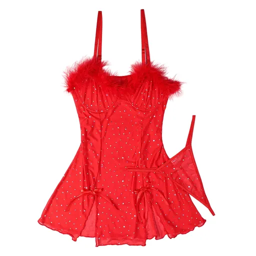 House Of Dasein Sexy Rhinestone Crystal Feather Splicing Sheer Mesh Slit Dress Two Piece Set For Women - Red - S