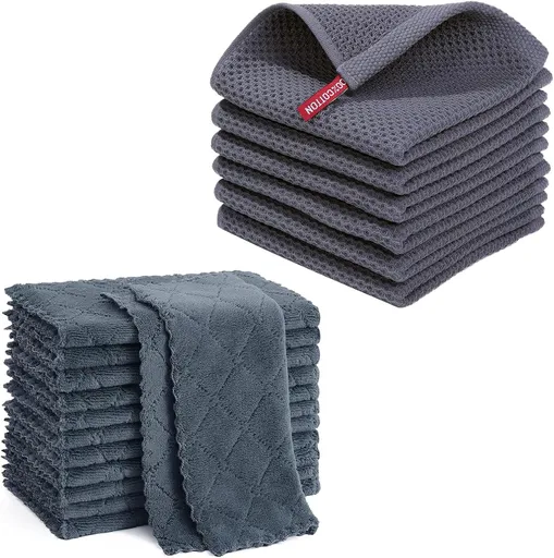 Homaxy 12 Pack Kitchen Coral Velvet Dish Cloths(10 x 10 Inches, Dark Grey) and 100% Cotton Waffle Weave Kitchen Dish Cloths 12x12 Inches 6-Pack Dark Grey