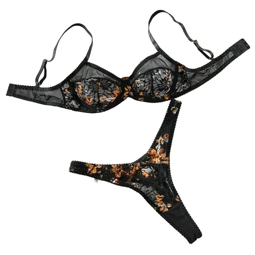 House Of Dasein Lace Printed Contrast Color Sexy Comfortable All Match Push Up Bra Set With Steel Ring Support And Adjustable Design - Black - M