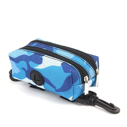 Dual-Zipper Camo Pet Waste Bag Dispenser Carrier with Key Pocket – Lightweight Oxford Fabric Poop Bag Holder for Leash, Strap, or Belt, Perfect for Walks, Hikes, and Outdoor Adventures with Your Furry Friend (Camo Blue)